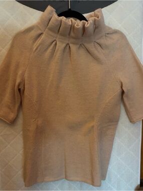Moth Ruffled Mock Neck Short-Sleeve Sweater - Cream